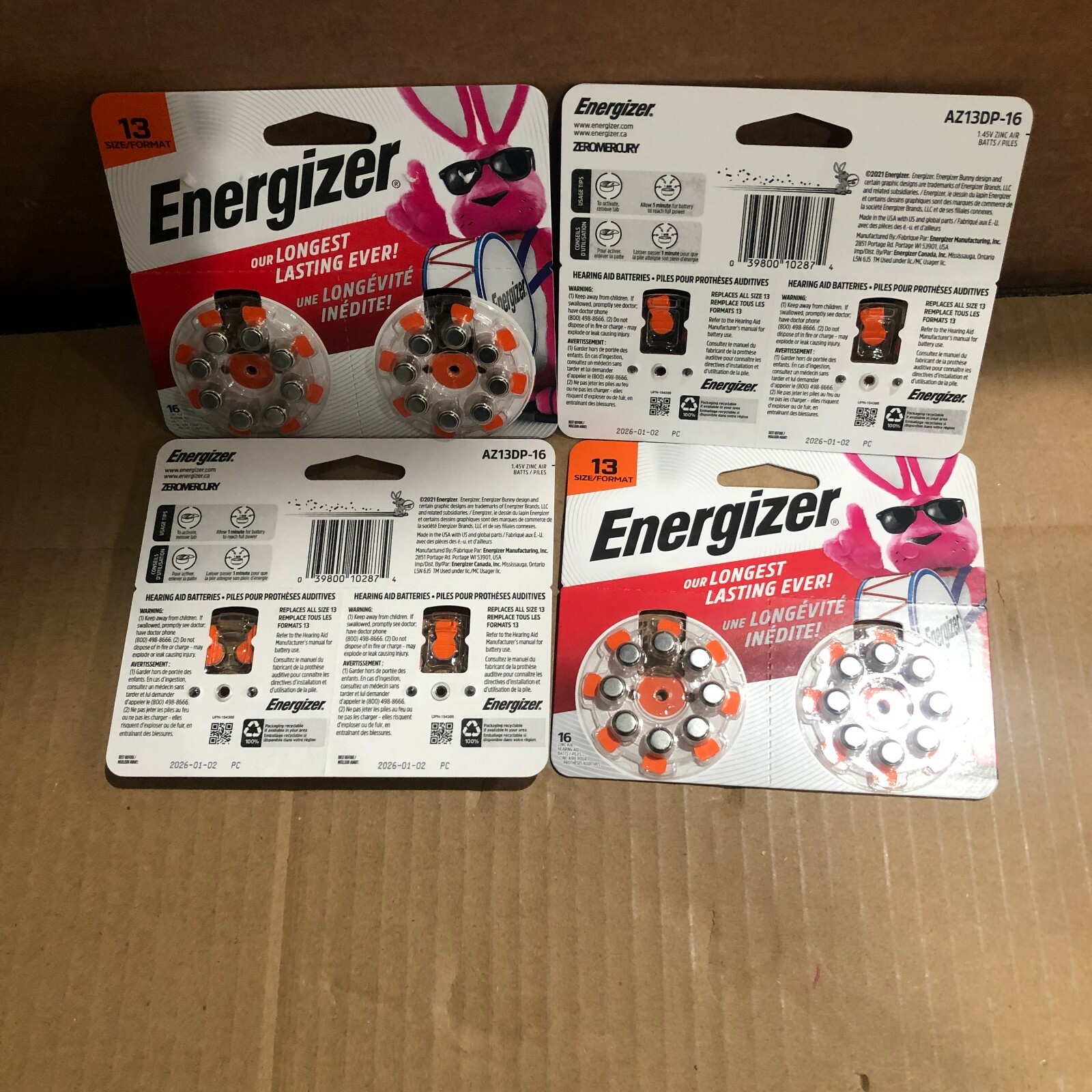 (4 PK) ENERGIZER AZ13DP-16 HEARING AID BATTERIES, SIZDE 13, (16 EACH PK)B NEW