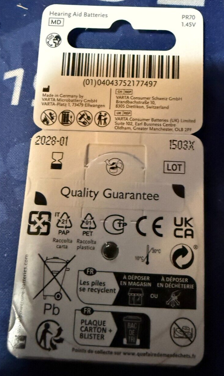 (6)Power one Wireless–Hearing Aid Batteries–Pro 70-1.45V–Exp-01/2028