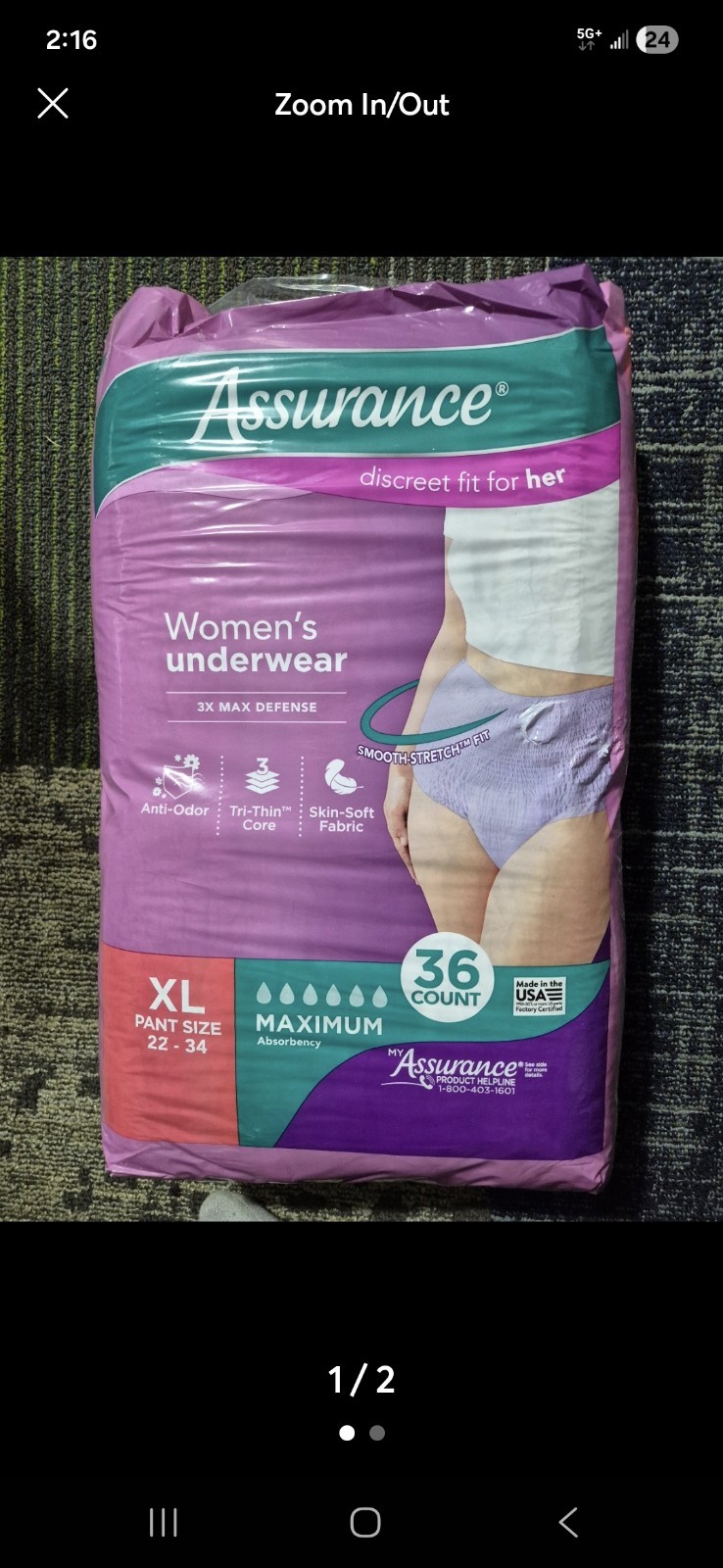 Assurance Womens Incontinence Postpartum Underwear XL (Pant Size 22-34) 36 Ct