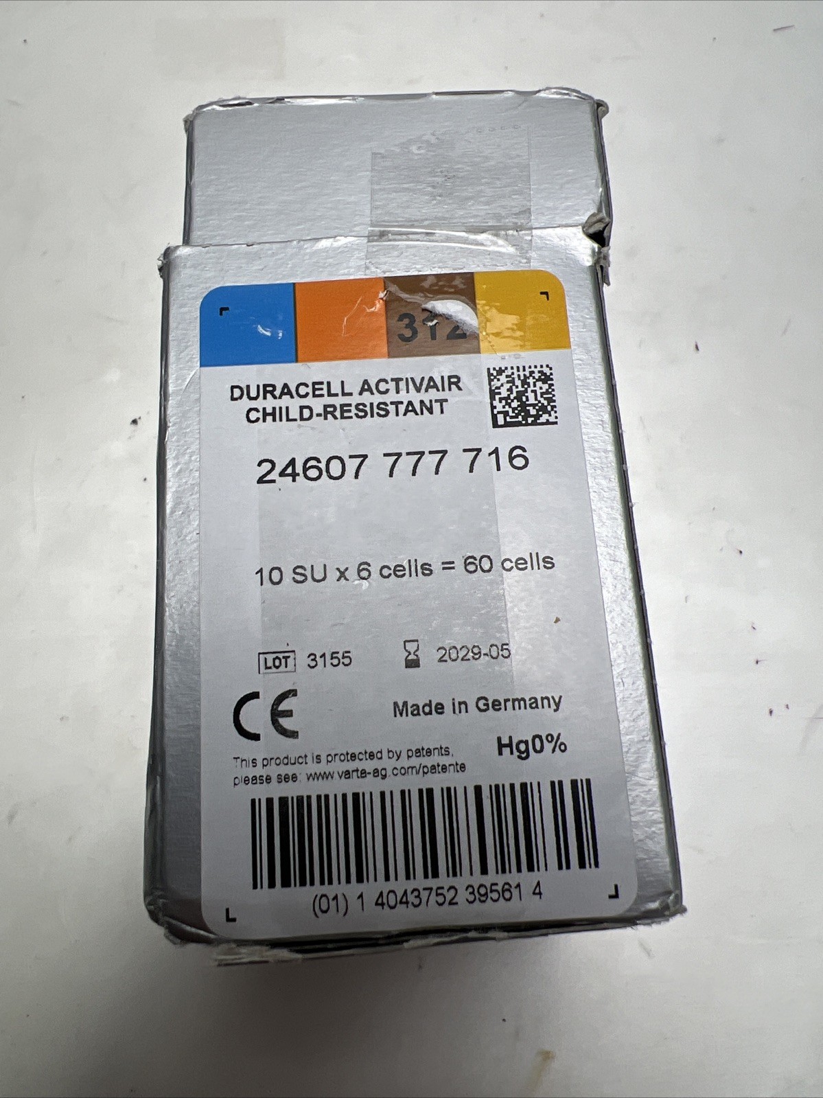 Duracell Activair Hearing Aid Batteries: Size 312 (60 Batteries). Exp 2029