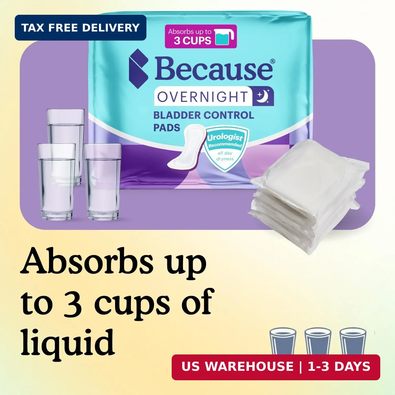 Because Overnight Incontinence Pads for Women – Moderate-to-Heavy Absorbency for