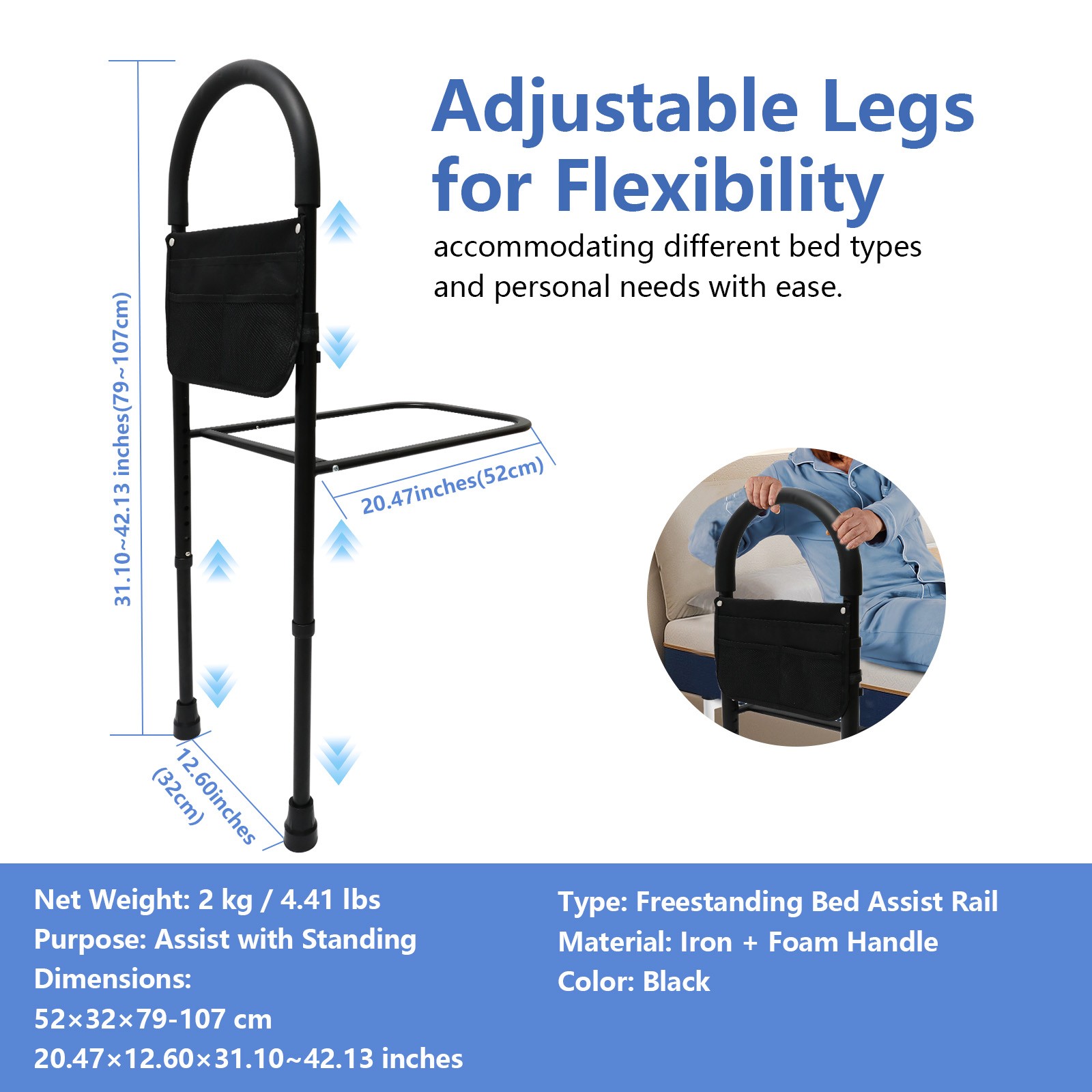 Bedside Safety Rail For Seniors Height Adjustable With Storage Bag 220 lbs