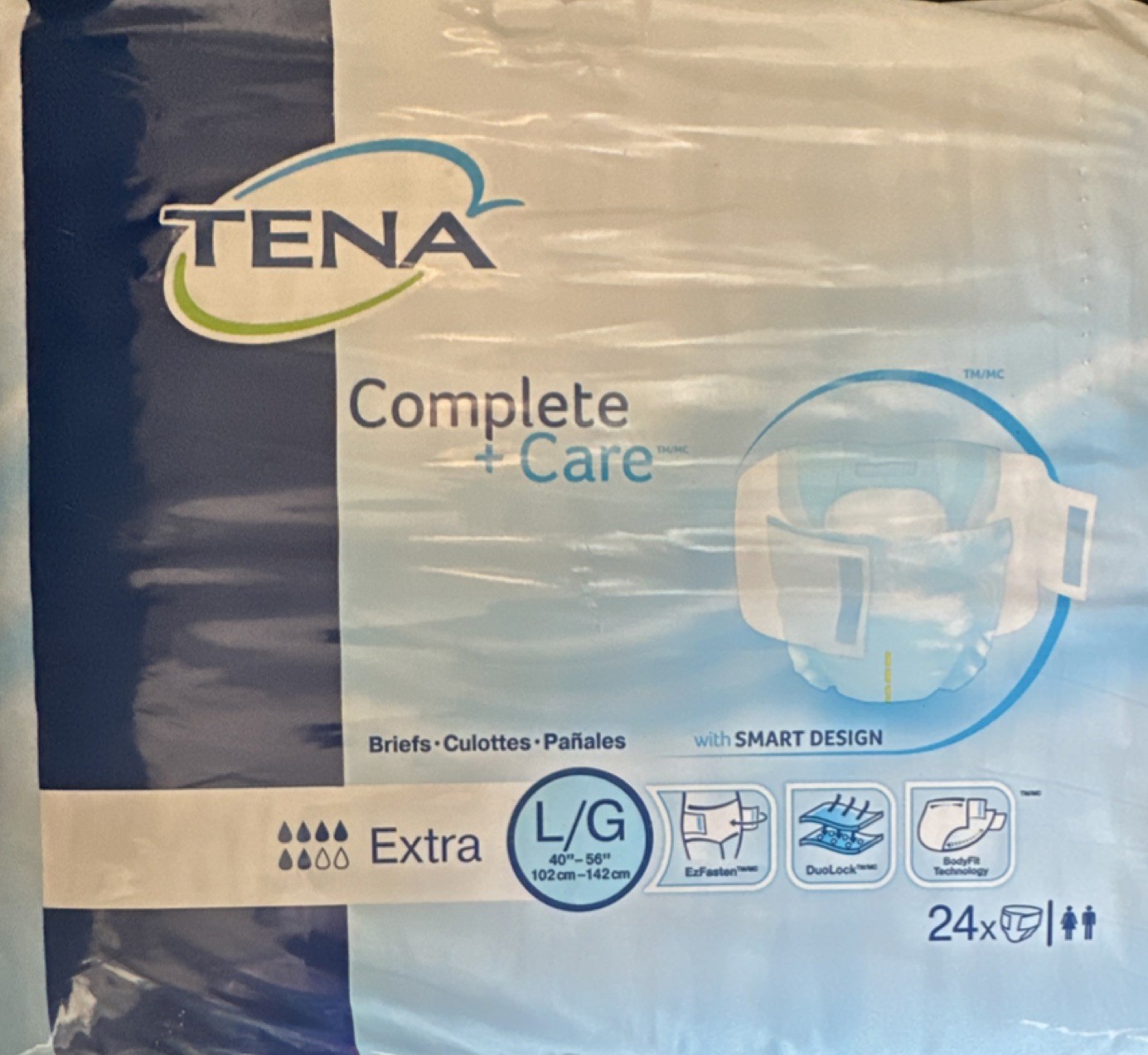 TENA Complete +Care Incontinence Briefs Extra Absorbency L/G Latex-Free 24 Ct