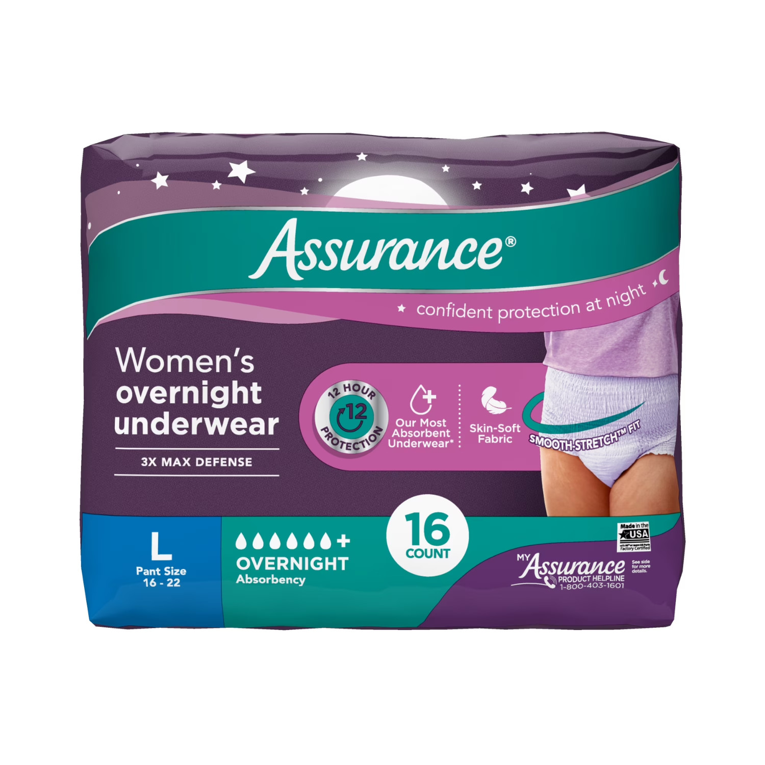 4 Pack Assurance Women’s Overnight Incontinence Postpartum Underwear L 16 Ct