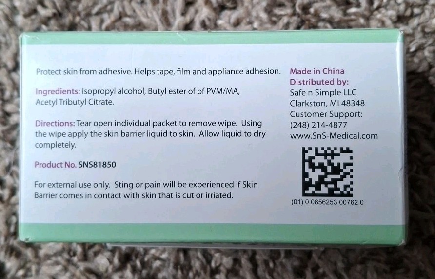50ct SAFE N SIMPLE “Skin Barrier Film” Protective Wipes. Contains Alcohol 9/2027