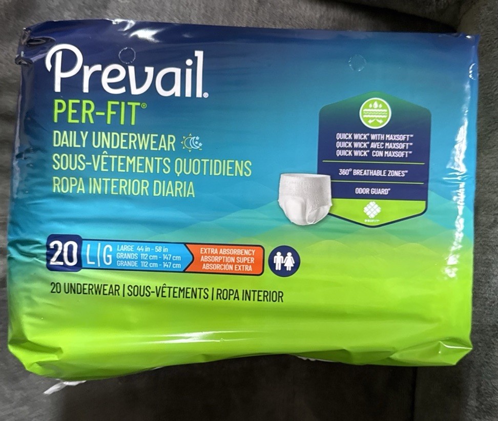 Prevail Per fit Adult Daily Underwear Large 20ct Pack Case Lot of 4, 80 Total