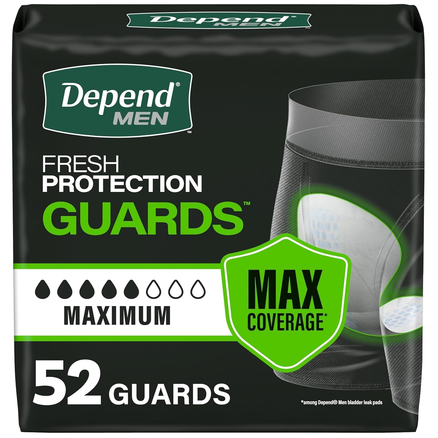 Depend Guards Incontinence Pads for Men, Maximum Absorbency, 52 Count, Packaging