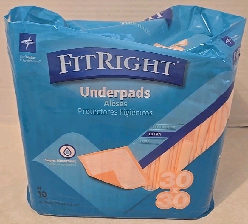 Medline FitRight Ultra Absorbent Underpads 30xx30″ 10 Pads New Free Shipping