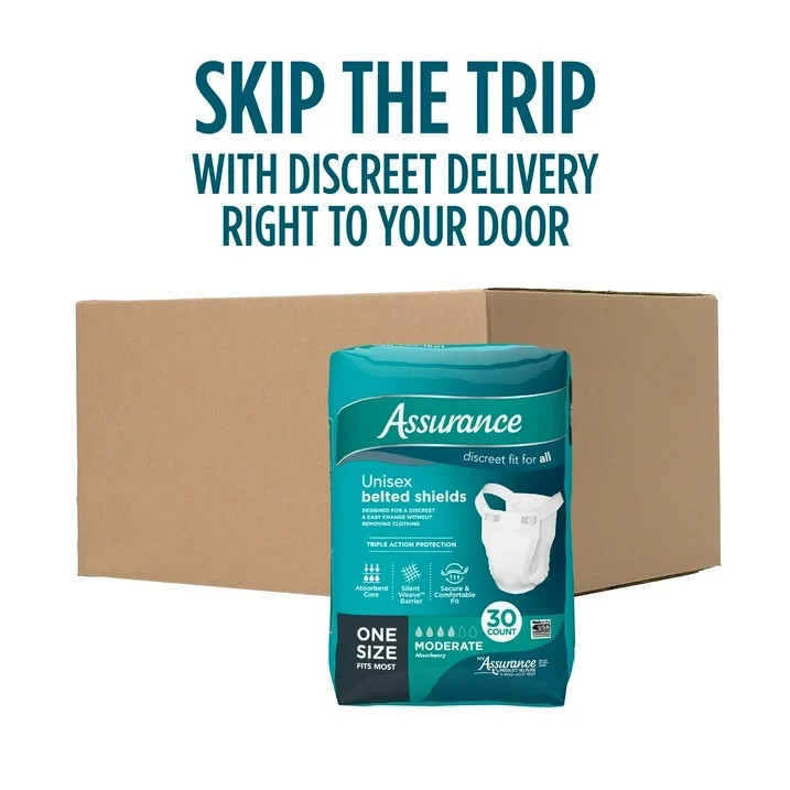 Assurance Unisex Incontinence Belted Shields, Moderate Absorbency,30 Count