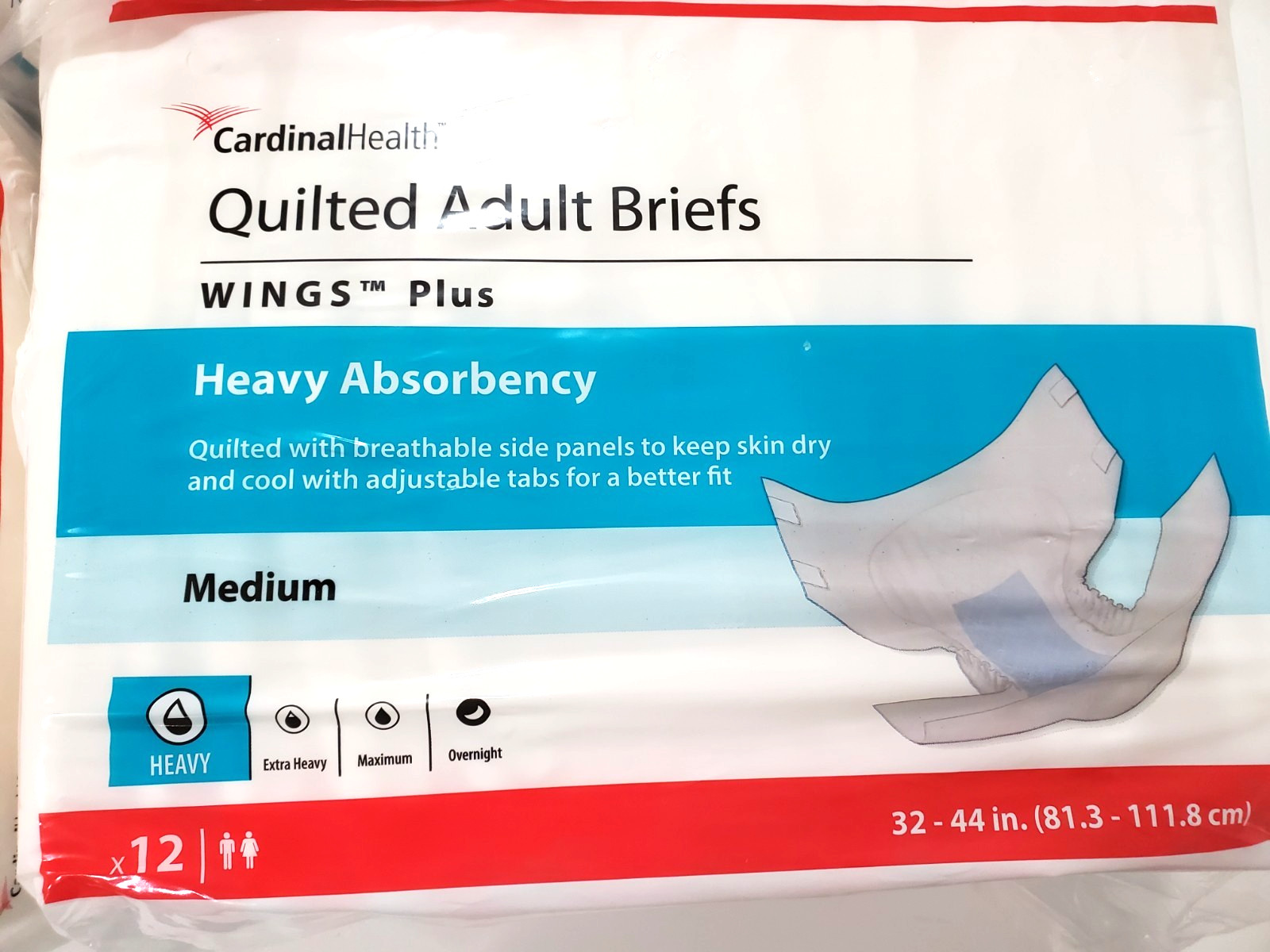 (48) Cardinal Health Quilted Adult Briefs Wings Plus Medium 4 bags x 12