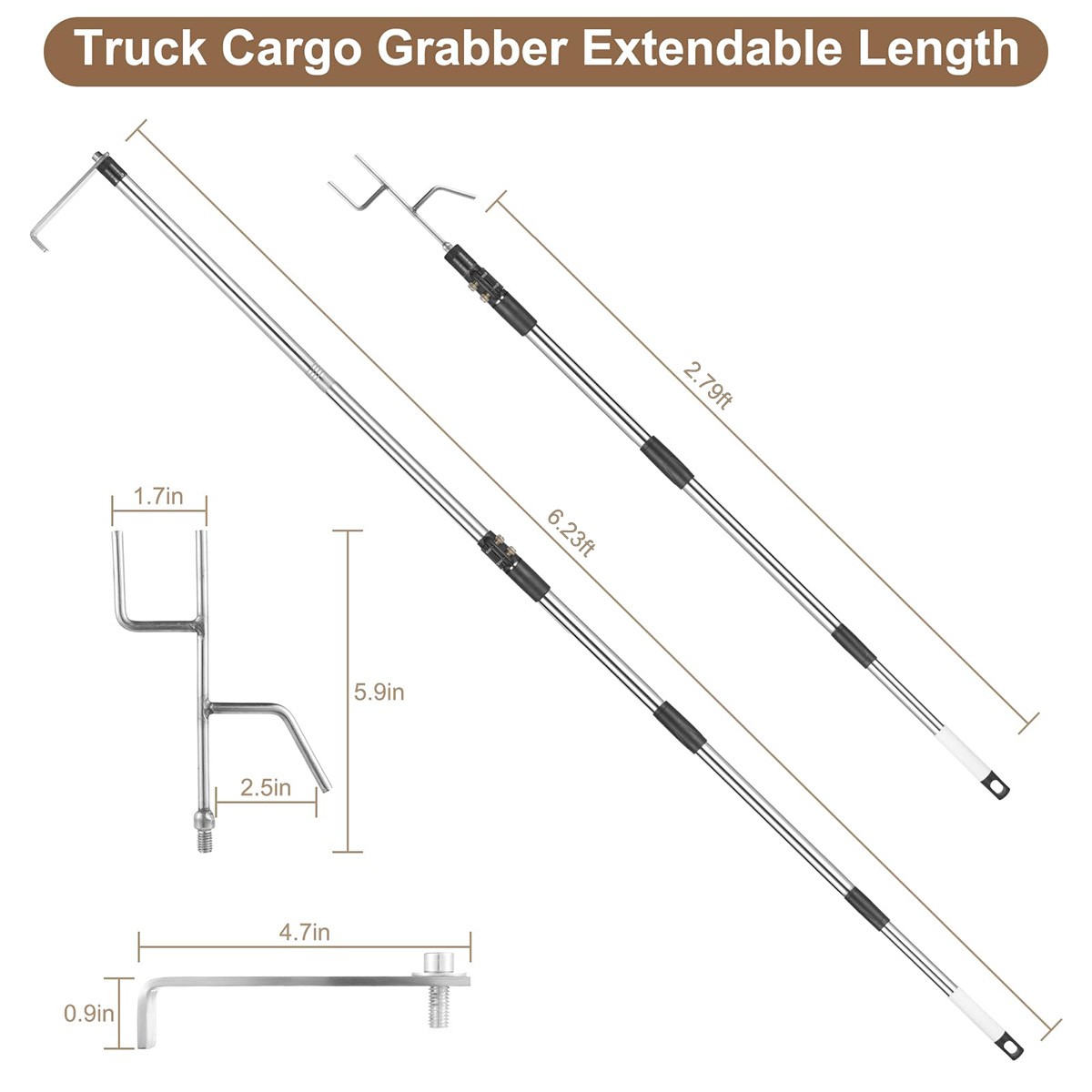Truck Cargo Grabber Tool Telescopic Pickup Hook Stick with Two Replacement Hooks