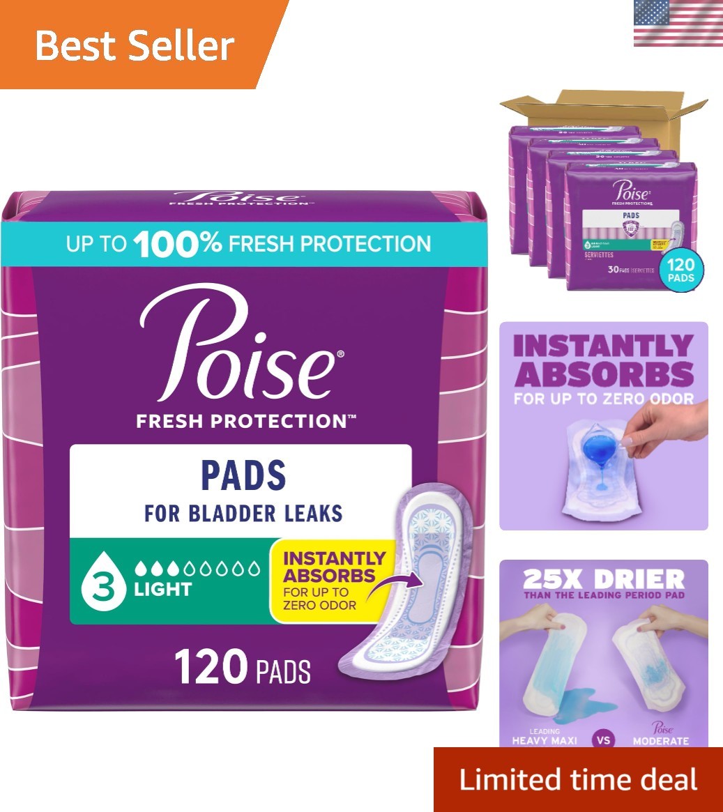 Light Absorbency Poise Incontinence Pads for Women, 120 Count, 12-Hour Comfort