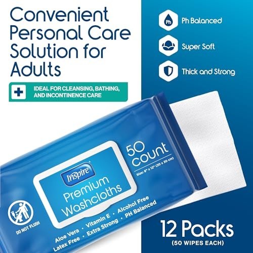 Adult Wet Wipes for Incontinence & Cleansing | 12 Packs of 50 Wash Cloths 8″x12