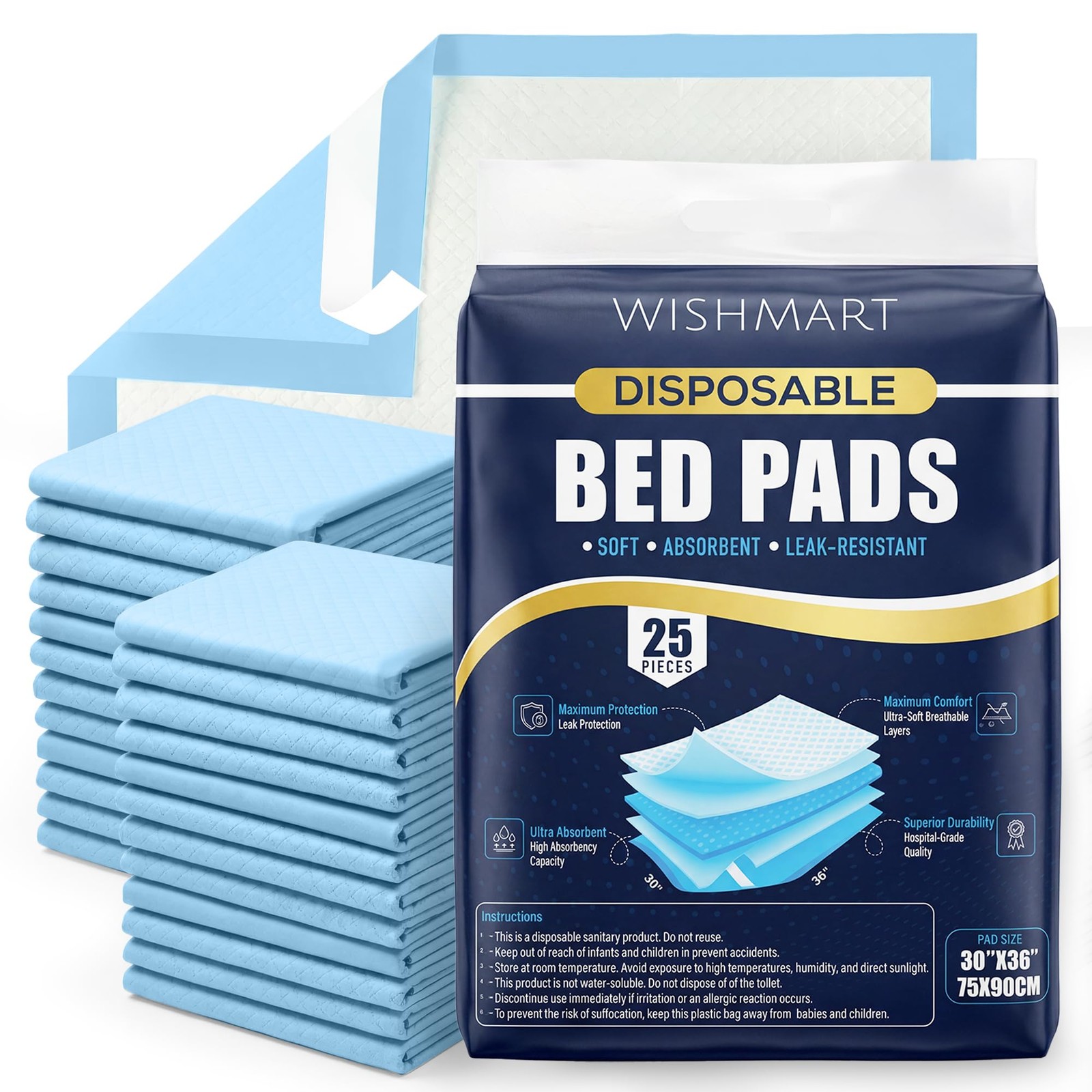 Disposable Leakproof Underpads 25 Pack 30″x36″ with Adhesive Strips – Stay-in…