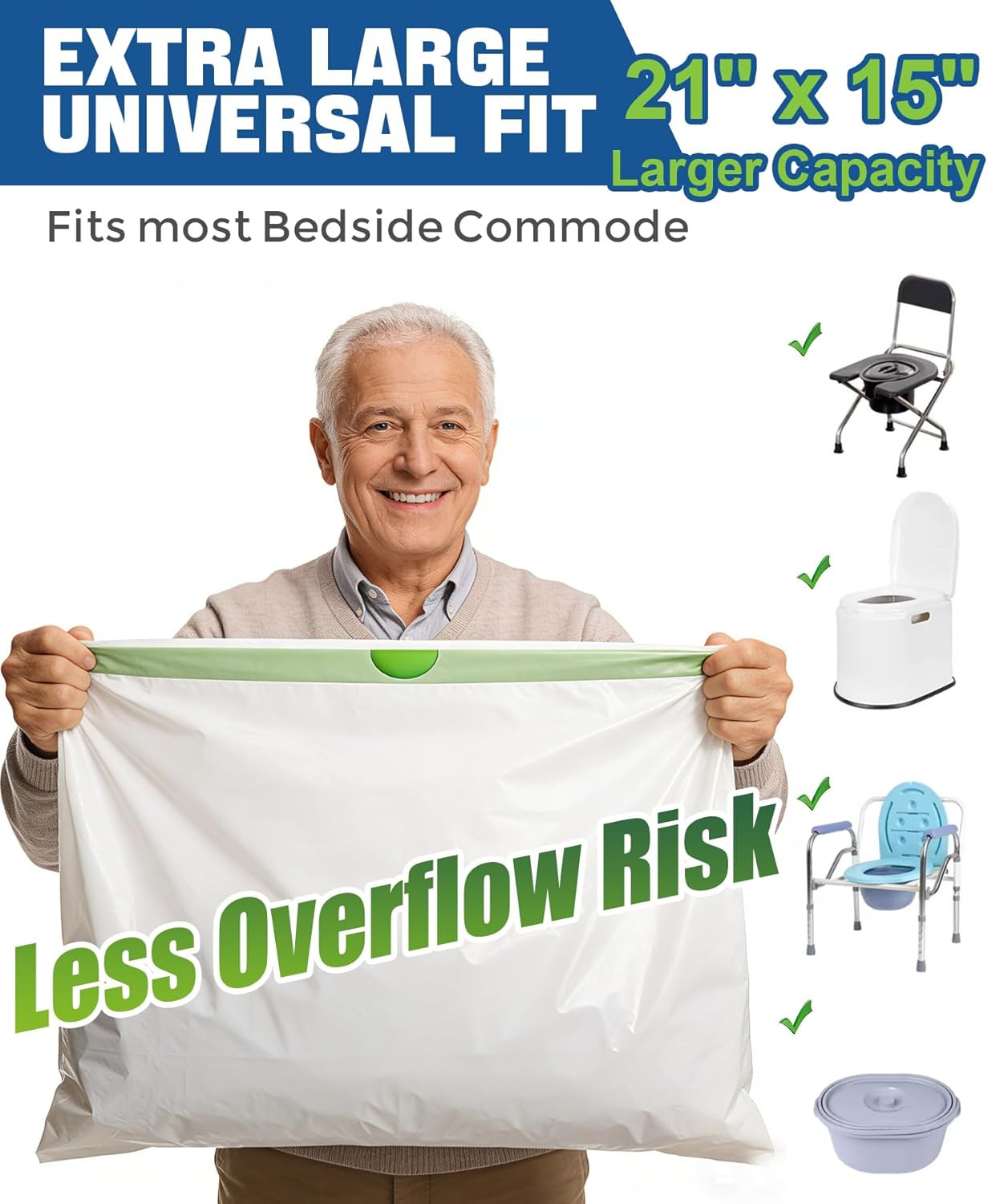 Bedside Commode Liners, Disposable Commode Bags with Drawstring, Leakproof Unive
