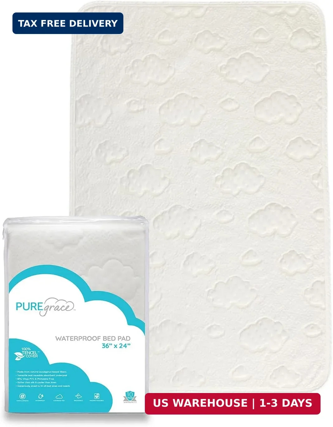 PUREgrace Tencel Waterproof Bed Pad – (36″ x 24″) Washable and Reusable for Inco