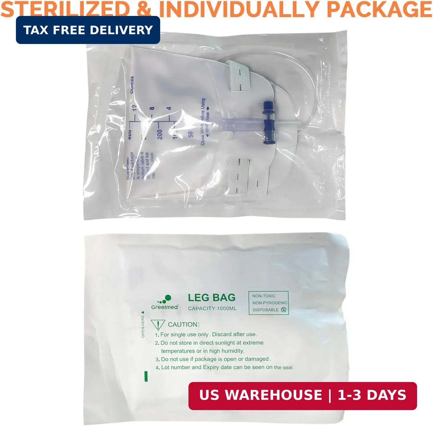 5 Pack Easy-Tap Leg Bag with Anti-Reflux Valve, 1000ml Catheter Bags with 2 Clot