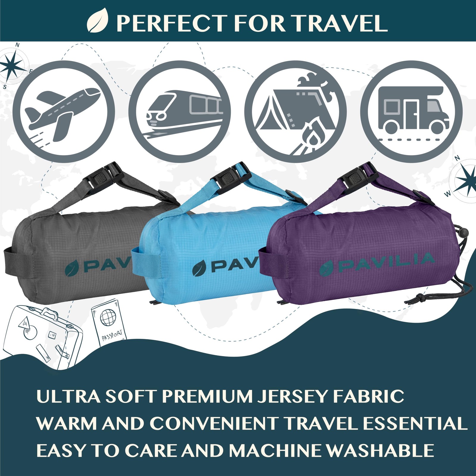 PAVILIA Travel Blanket Airplane Compact with Bag, 65 x 40 inches, Navy Blue