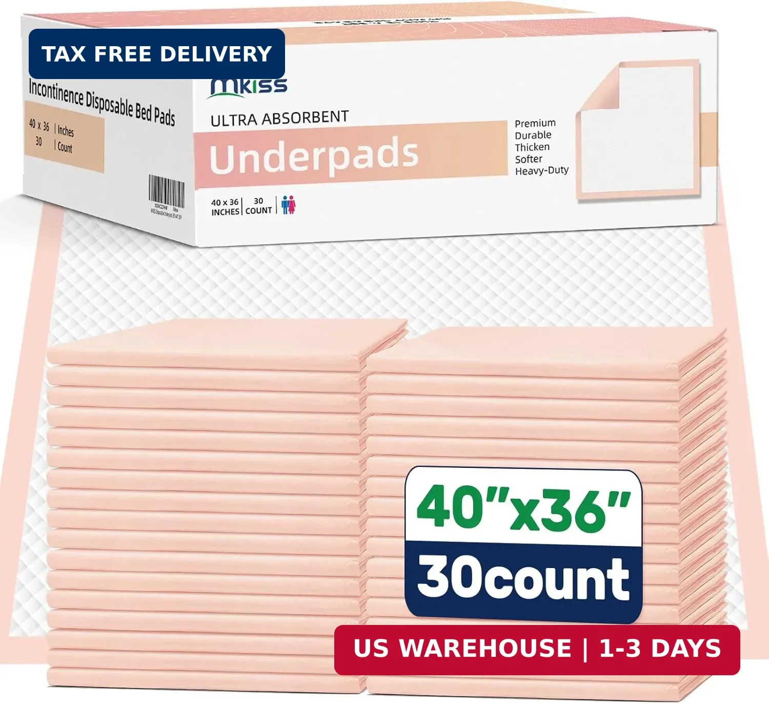 MKISS Extra Large Bed Pads 40″ x 36″(30 Count), Disposable Super Absorbent Heavy