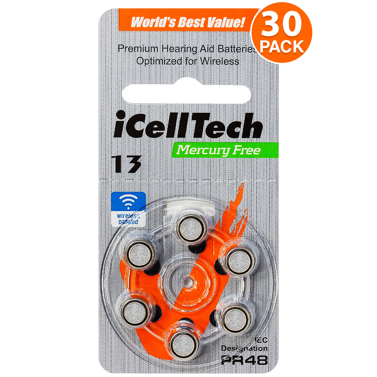 iCellTech Size 13 PR48 P13 MF Zinc Air Hearing Aid Batteries (30 Pack)