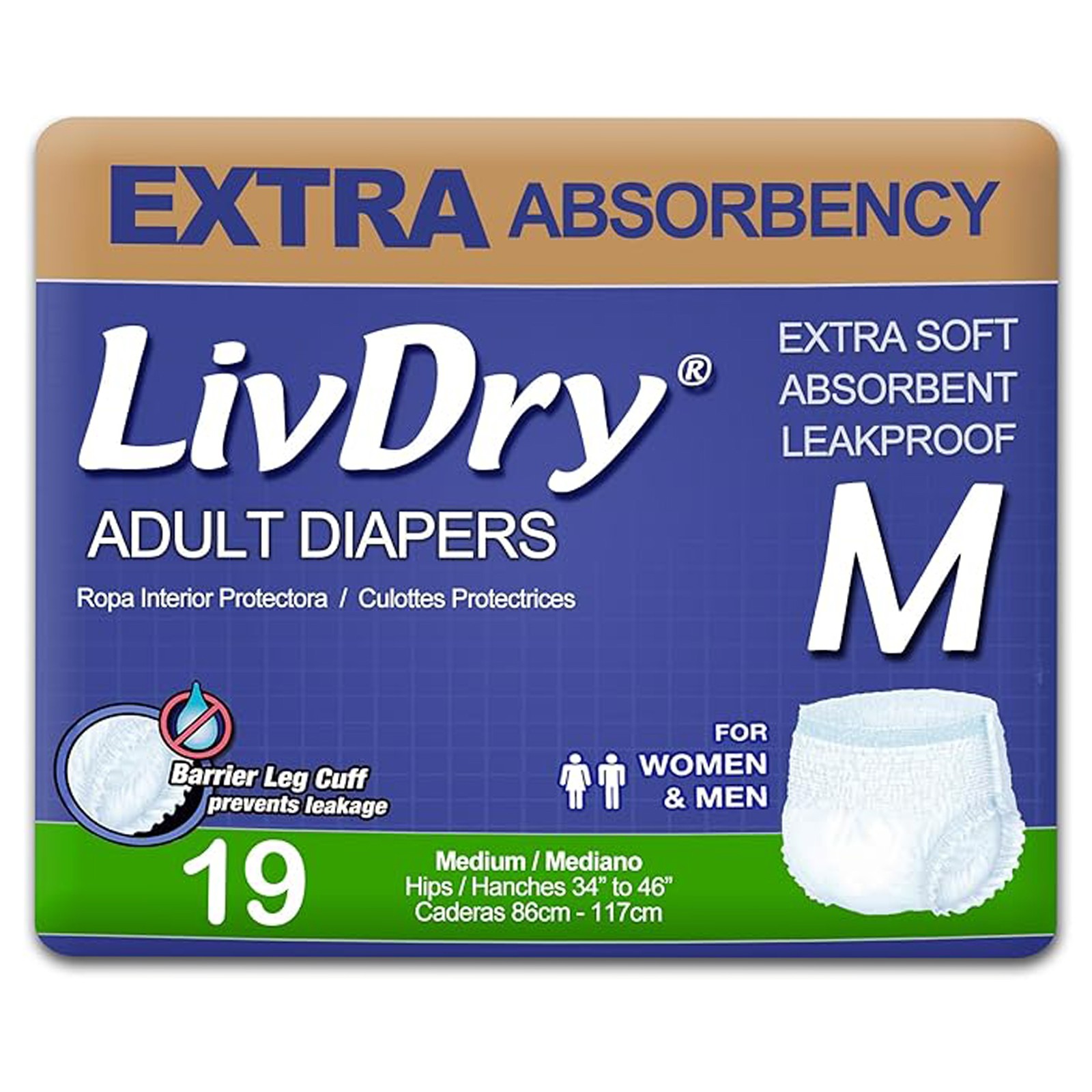 LivDry Adult Unisex Incontinence Diapers, Extra Soft Absorbent, Medium, 19 Count