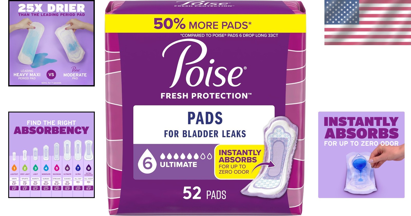 52 Poise Incontinence Pads with ContourFit – Secure, Maximum 6 Drop Absorbency