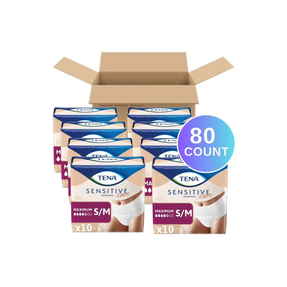 TENA Sensitive Care Incontinence Underwear for Women, Maximum, S/M, White, 80 Ct