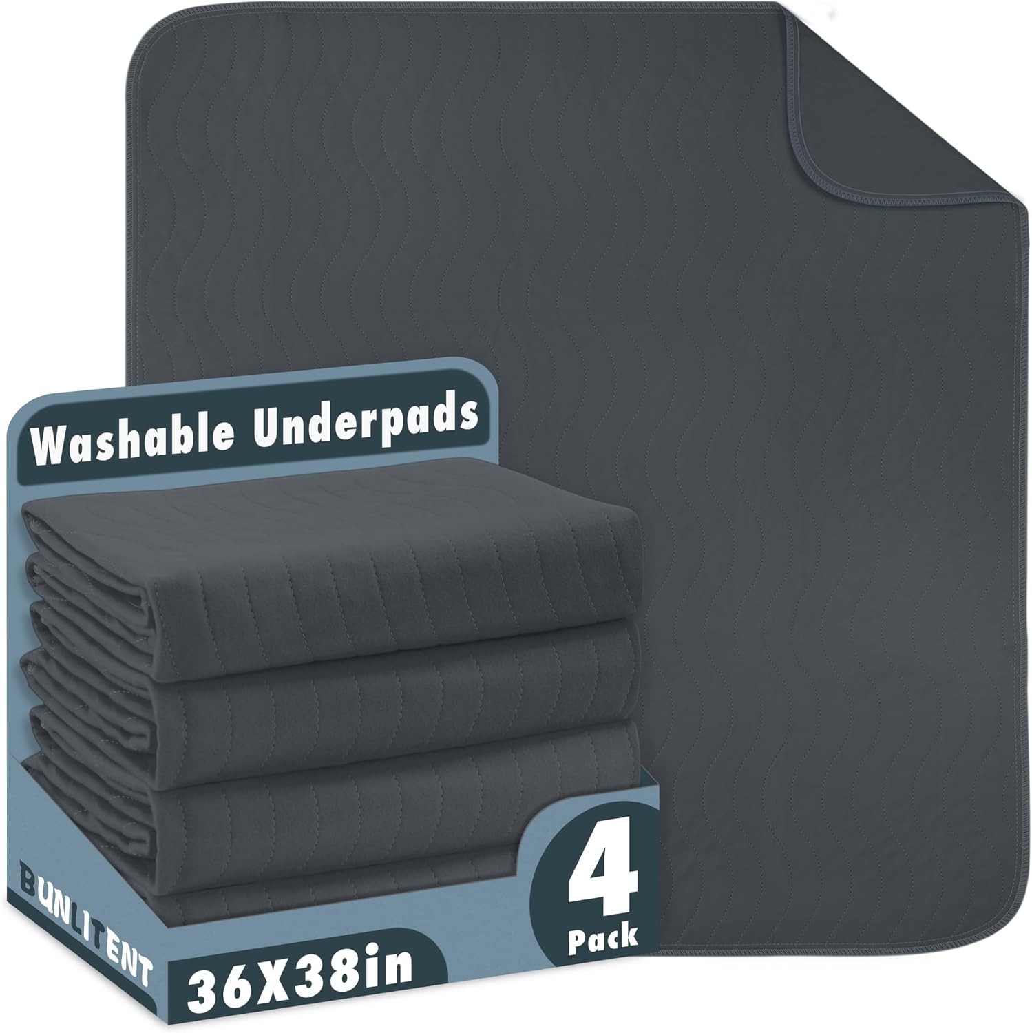 Washable Underpads, 36″ x 38″, 4 Pack, Grey, Heavy Absorbency Reusable Bedwettin