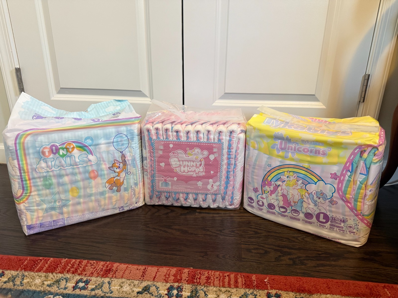 3 New Bags Adult Diapers -LARGE- ABU Tiny Tails, Bunny Hops, Tykables Unicorns