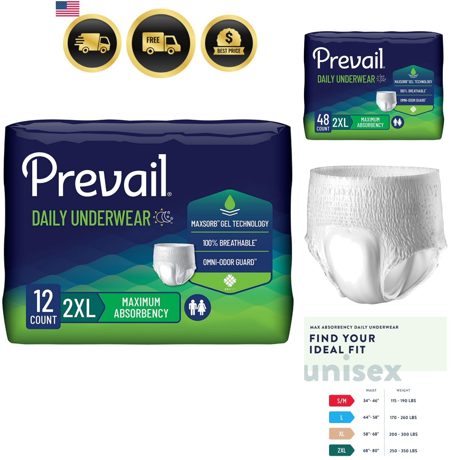Incontinence Underwear for Adults Unisex Disposable Max Absorbency 48 Pack