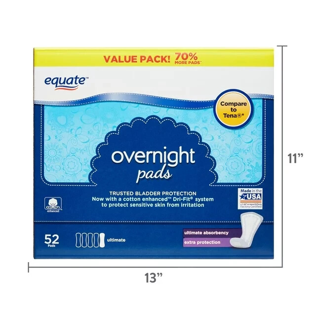156 Count Equate Overnight Women’s Incontinence Pads Absorbency Ultimate (3x 52)