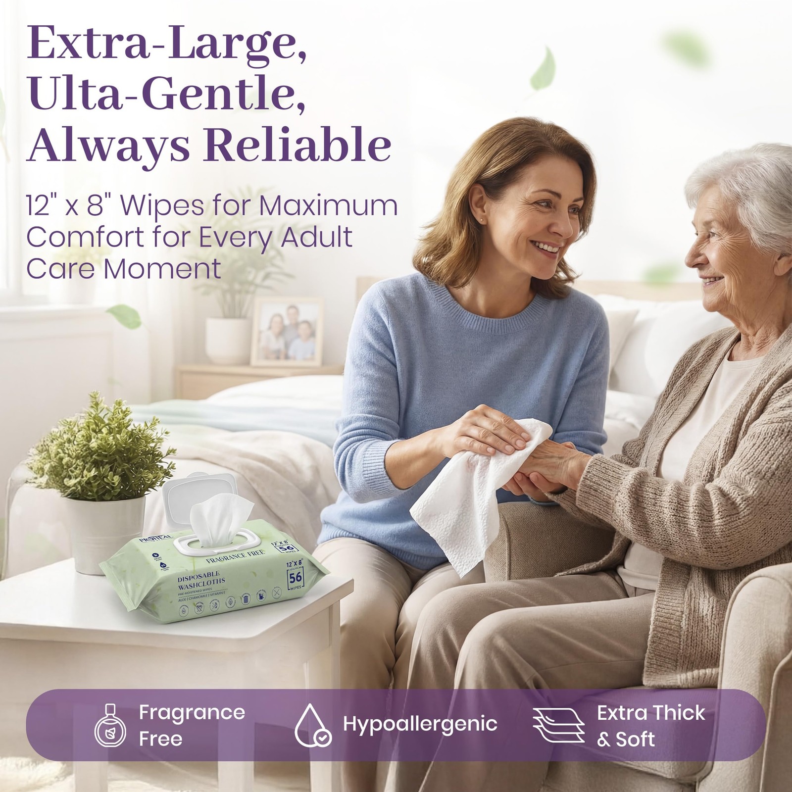 2 Pack Large Adult Disposable Body Wipes 12×8 Inch Fragrance Free Aloe Chamomile