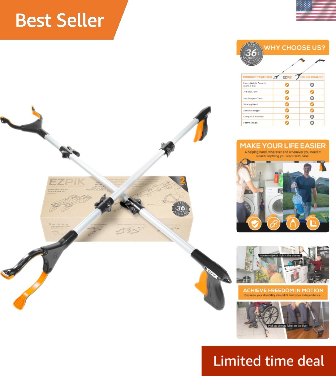 36” Lightweight Grabber with Magnetic Tip – Perfect Trash Collector for Seniors