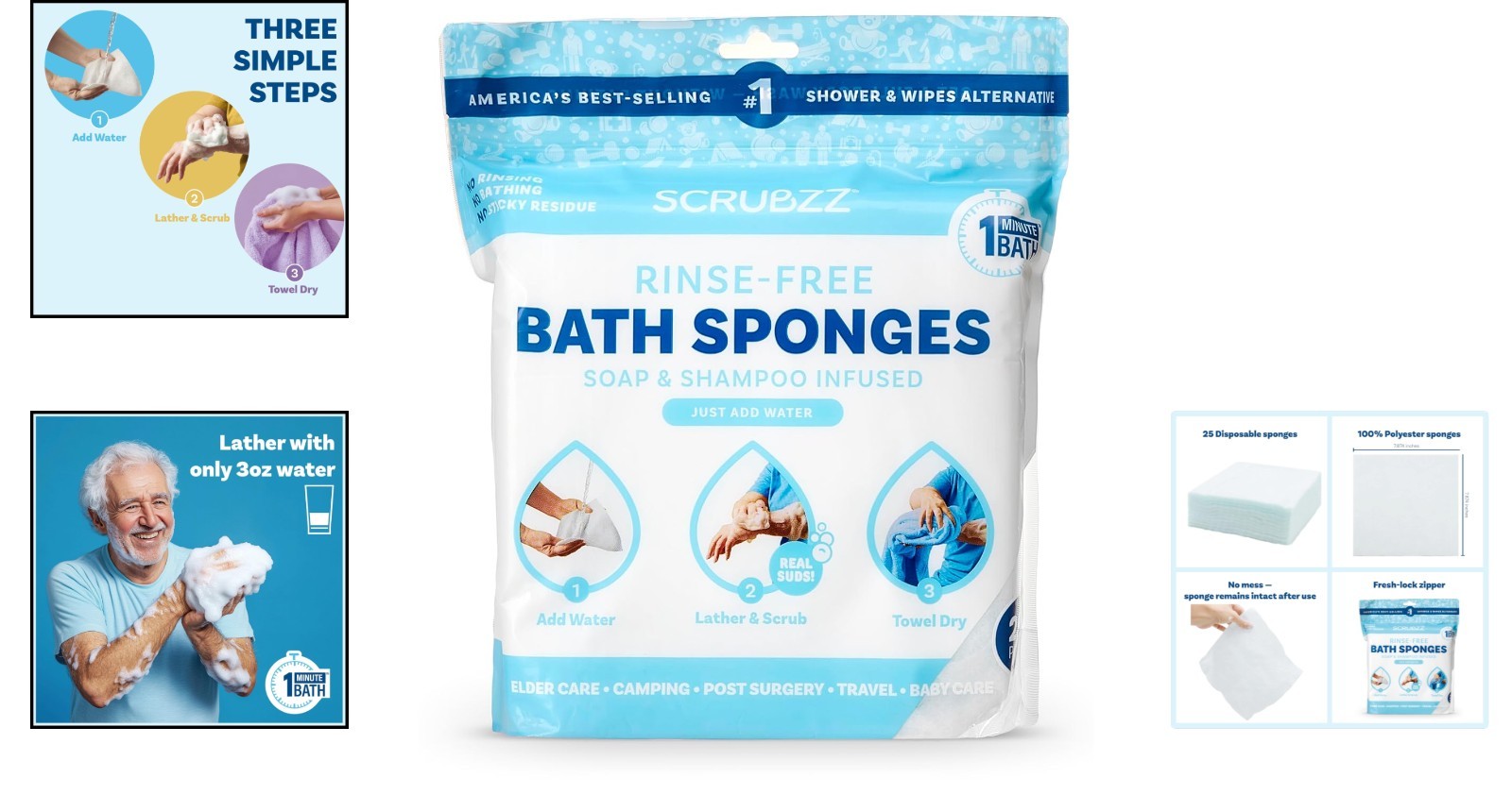 25-Pack Rinse-Free Bathing Wipes – Hypoallergenic & Unscented for All Skin Types