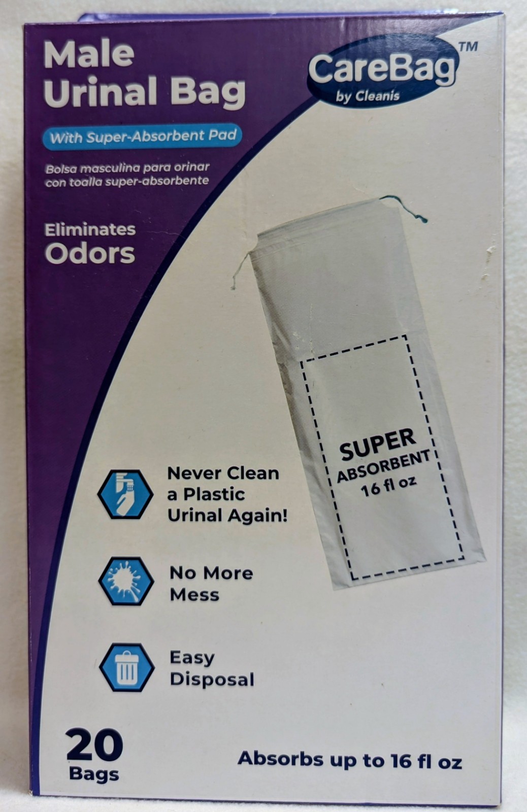 CareBag Medical Grade Super Absorbent Pad Male Urinal Bag – 20 Pack