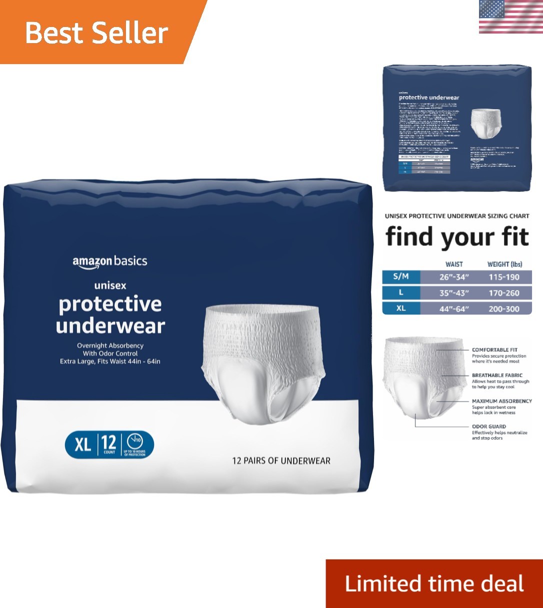 Cotton Unisex Protective Underwear, 12 Count – Effective Overnight Absorbency