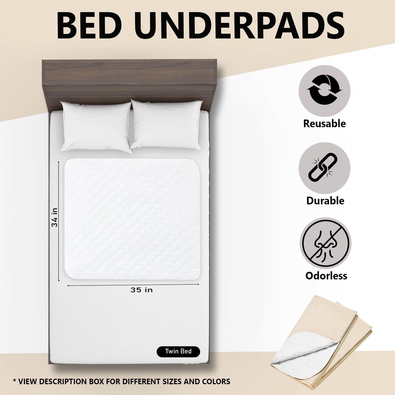 Reusable & Washable Incontinence Underpads, Heavy,Tan,34″ x 36″,2 Pack