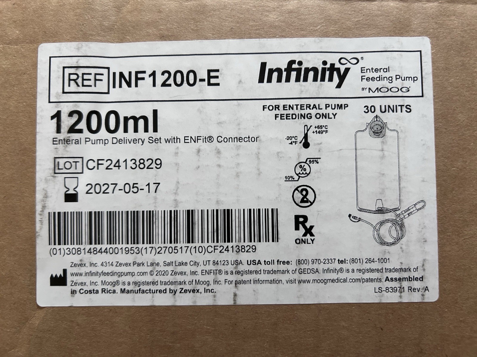 Infinity 1200mL Enteral Pump Delivery Set ENFit Connector. 30 bags 1 case