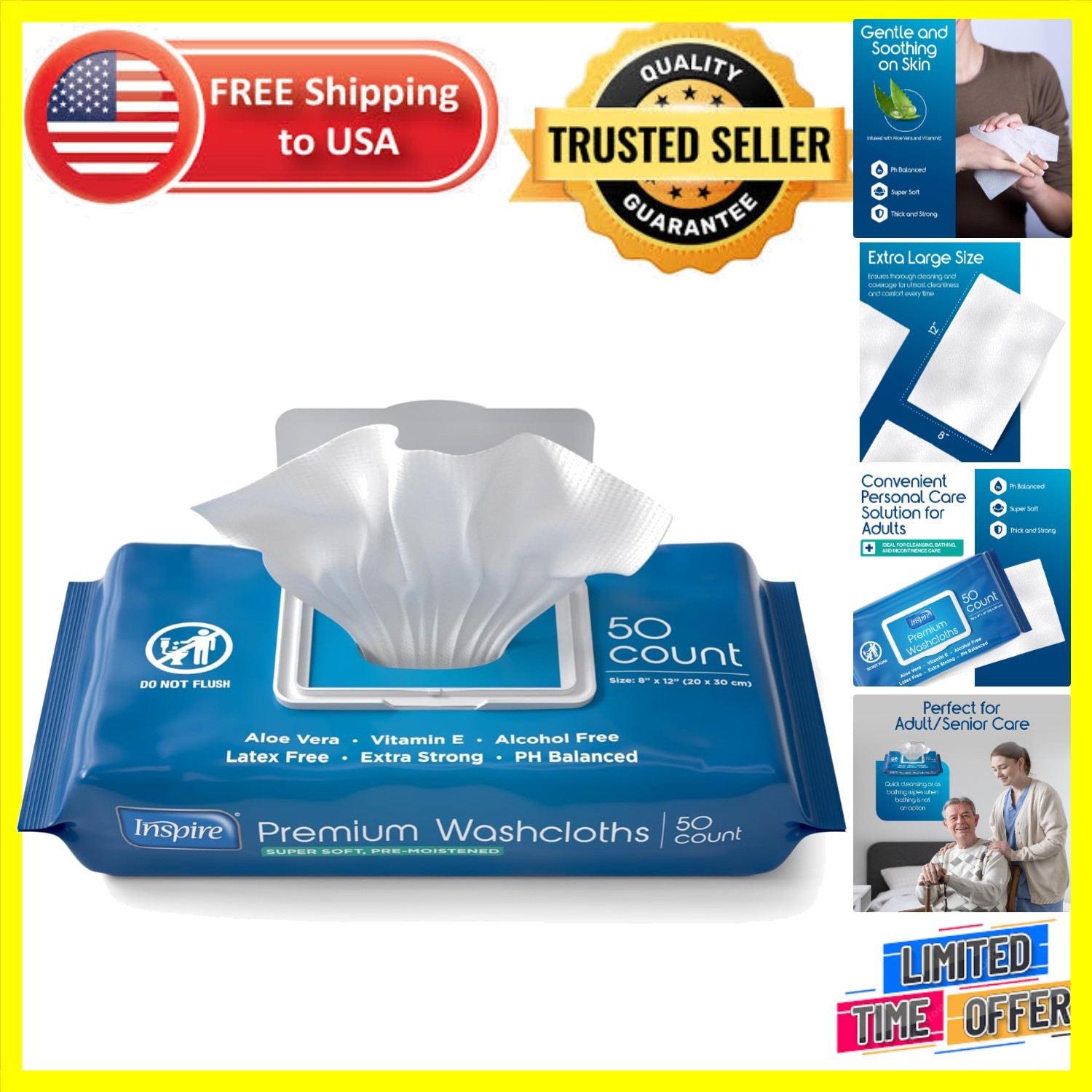 Thick Oversized Adult Wipes for Incontinence – 50 Count Aloe & Vitamin E Infused