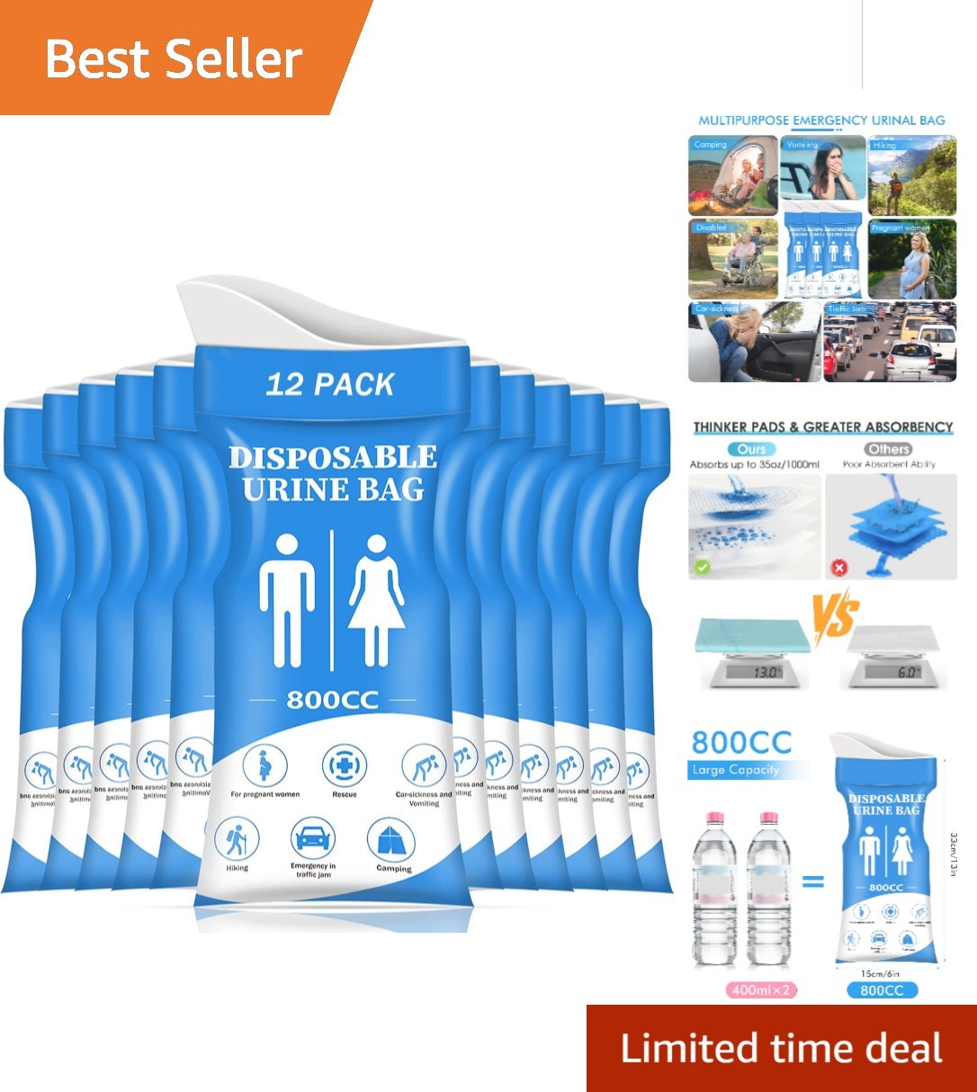 Hygienic 800ML Urinal Bags for Women & Men – 12/24 Pack for Outdoor Activities
