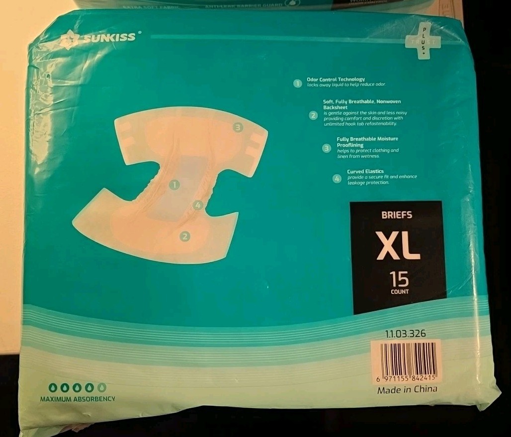 Sunkiss Adult Diapers Briefs Odor Control Anti-Leak XL Waist 45-64” Unisex 15 Ct