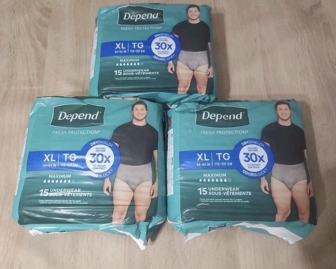 3 Bags of 15: Depend Men’s Adult Incontinence Underwear Grey XL Maximum 45 TOTAL