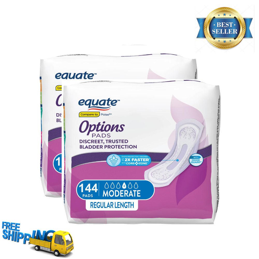 2pk Equate Options Incontinence Pads, Moderate Regular, 144 Ct, Bladder Control