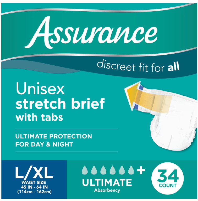(2 pack) Assurance Unisex Stretch Briefs with Tabs, L/XL, 34 Count
