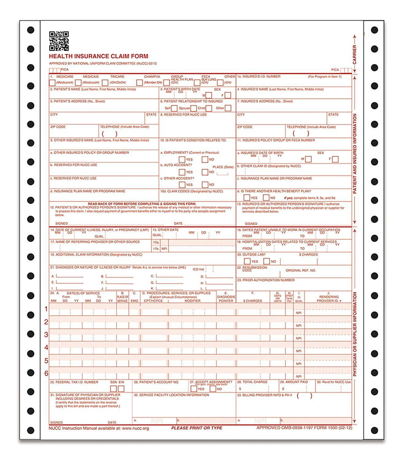 CMS-1500 Health Insurance Claim Forms, 2-Part, Continuous, 9.5 x 11 Inches, 100