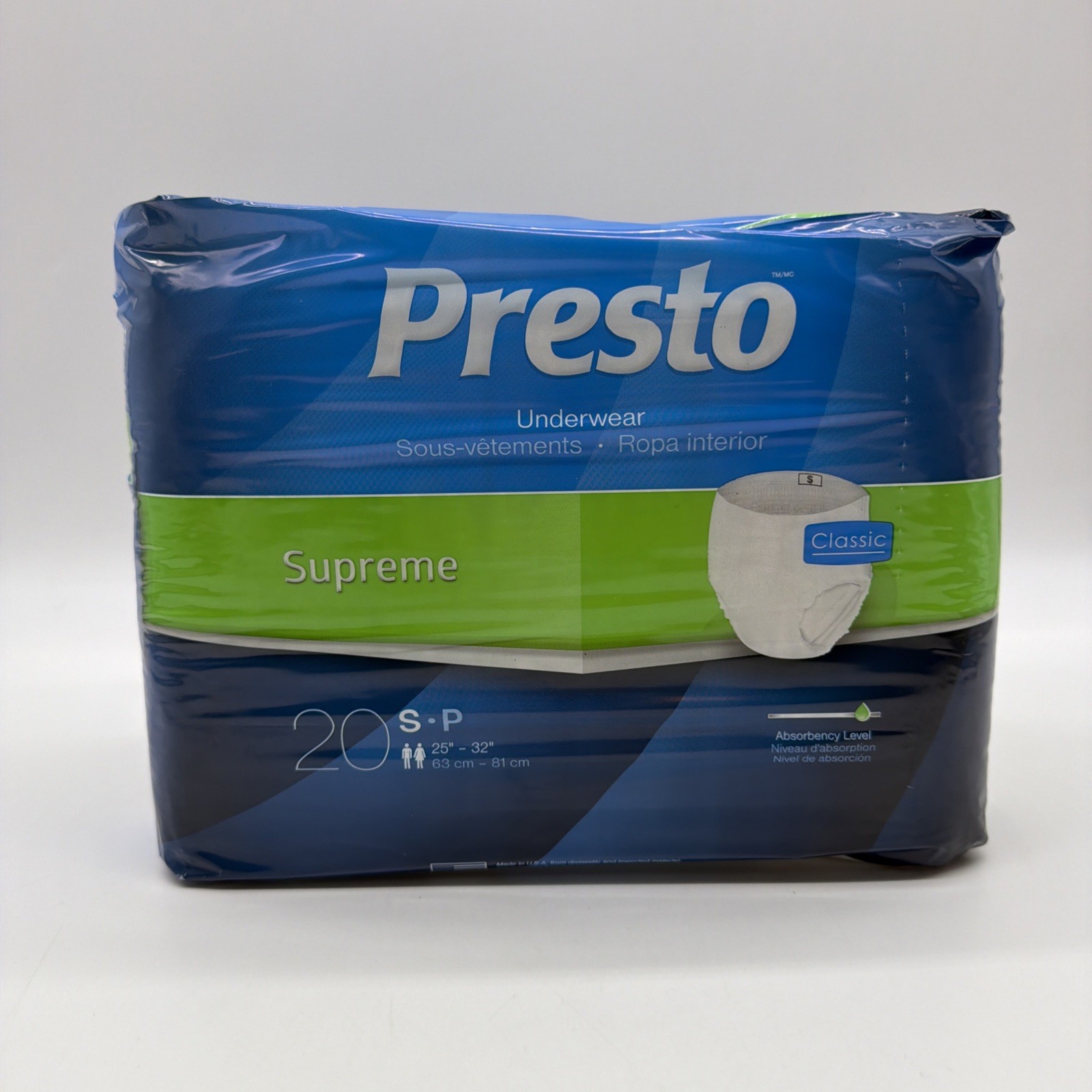 Presto Supreme Adult Incontinence Underwear Disposable size S 25″-32″ 20 count