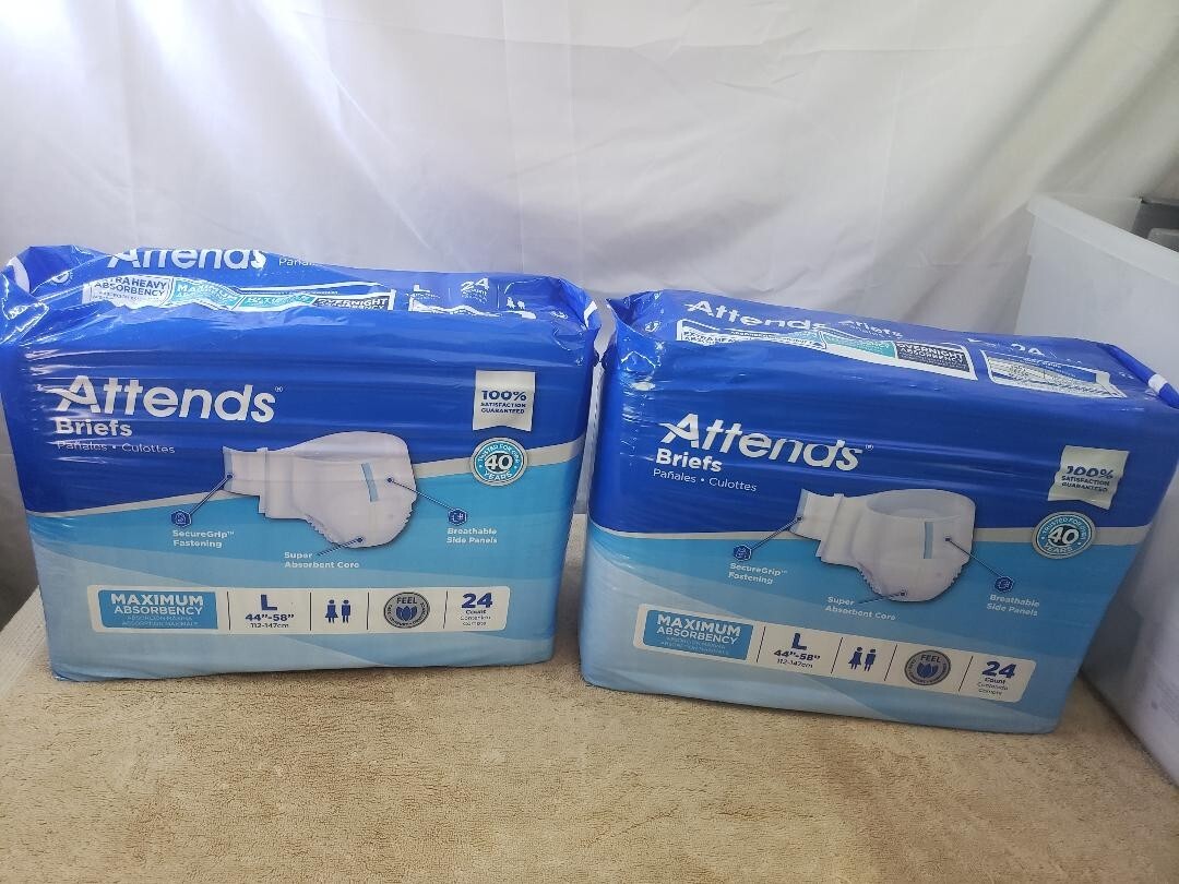2 PACKS ~ ATTENDS BRIEFS Contoured MAXIMUM Absorb 48 TOTAL Ct NEW LARGE