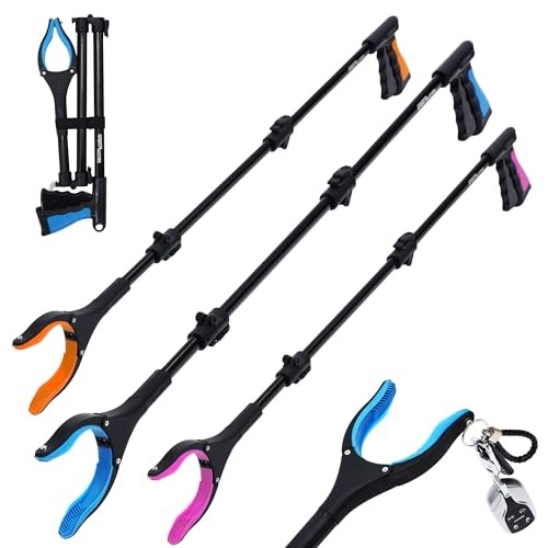 38″ Extra Long Grabber Reacher Tool – 3 Pack Foldable Reacher Orange Blue Pink