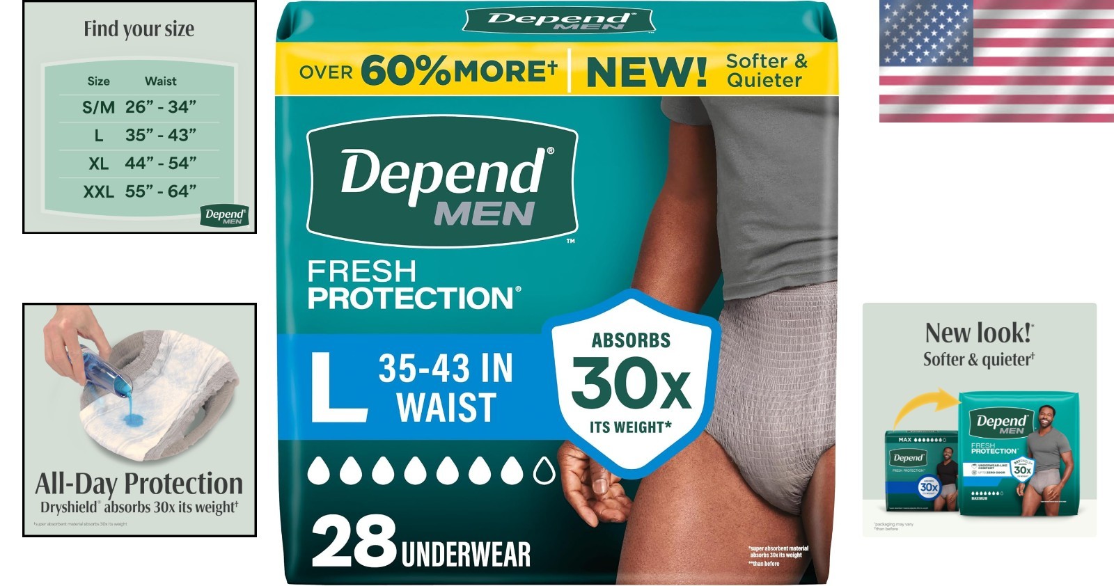 Men’s Depend Fresh Protection Incontinence Underwear – 24 Hr Leak Defense, Grey