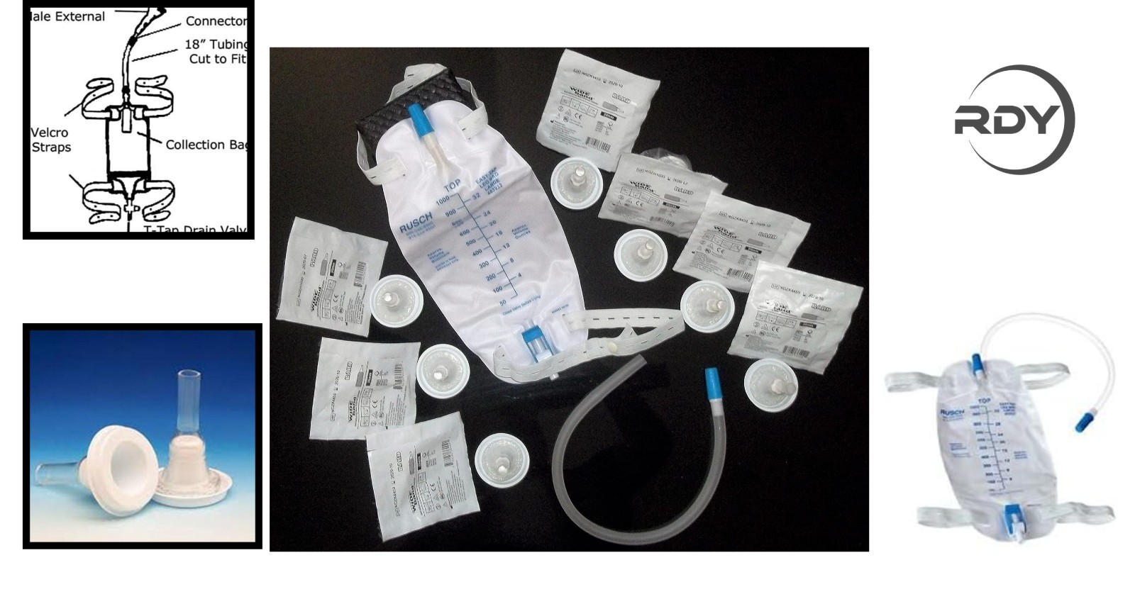 Complete Urinary Incontinence Kit: 7 Self-Seal Condom Catheters + 1000ml Leg Bag